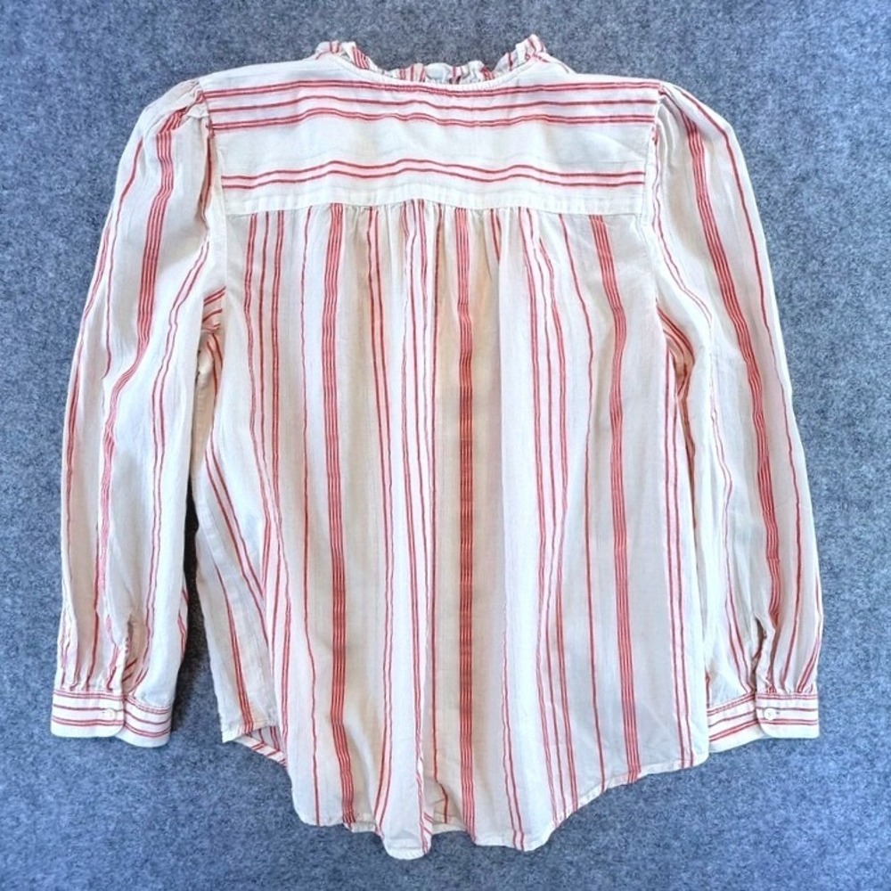 LOFT Red Ivory Striped Cotton Ruffle Tie Neck Puff Sleeve Blouse Peasant Small - Picture 7 of 8